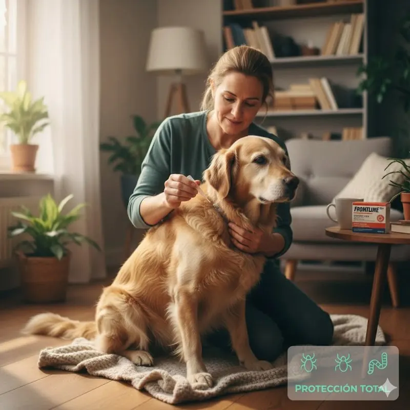 Aplicación de desparasitante externo en perro senior para prevenir pulgas y parásitos internos.
