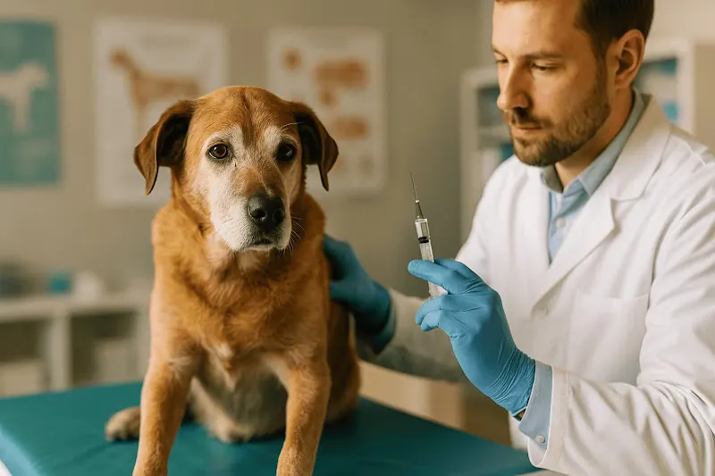 Veterinario vacunando a un perro senior durante su revisión médica anual