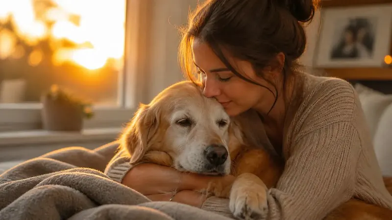 Mujer abrazando a su perro anciano en casa durante cuidados paliativos, momento tranquilo que refleja calidad de vida y bienestar en perros senior