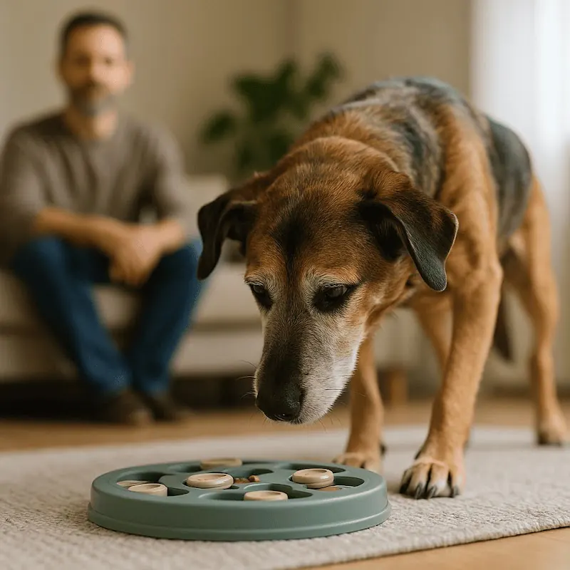 Perro mayor estimula su mente buscando comida en una alfombra olfativa interactiva en casa
