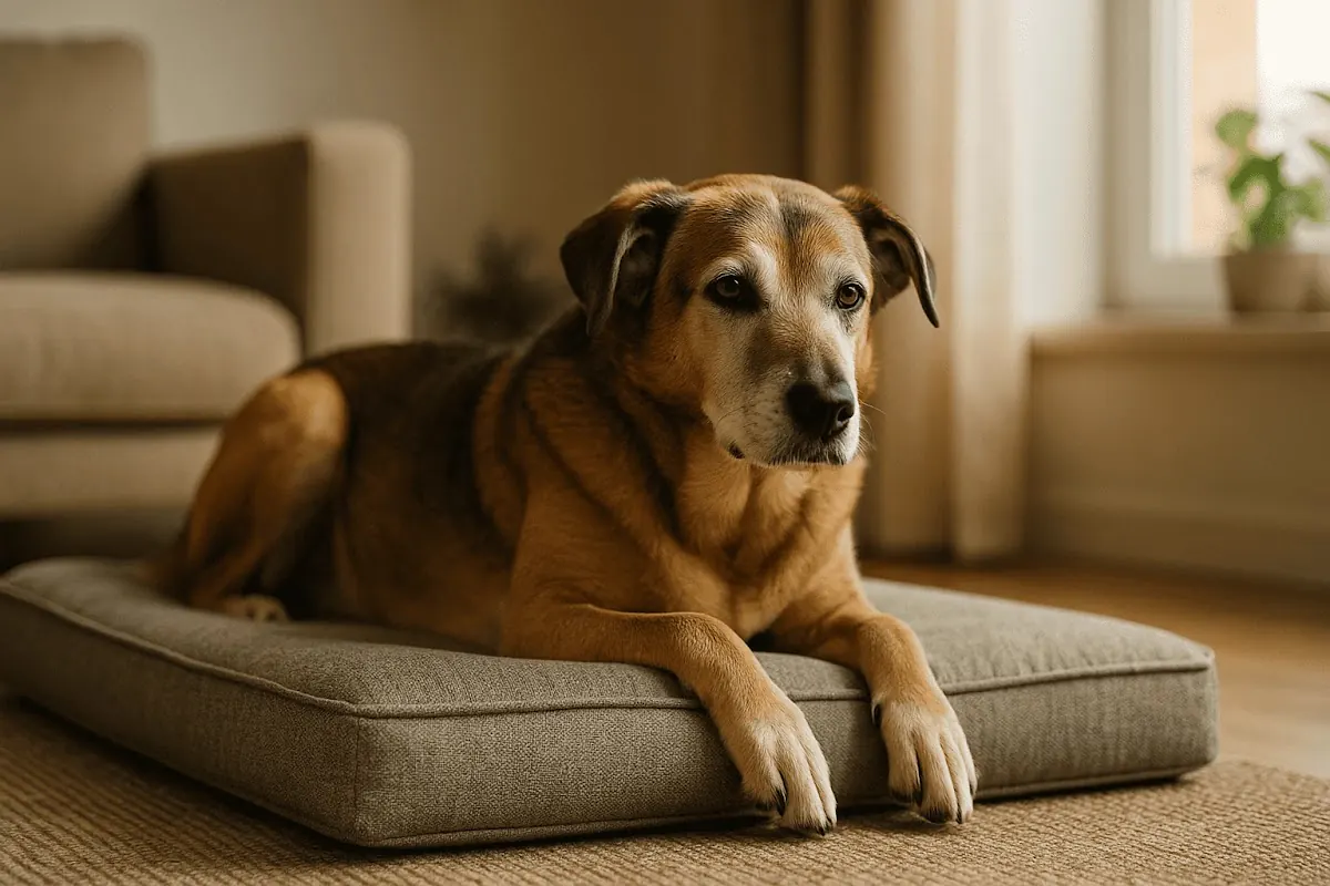 Perro senior descansando placenteramente en una cama ortopédica dentro de un hogar moderno y cálido.
