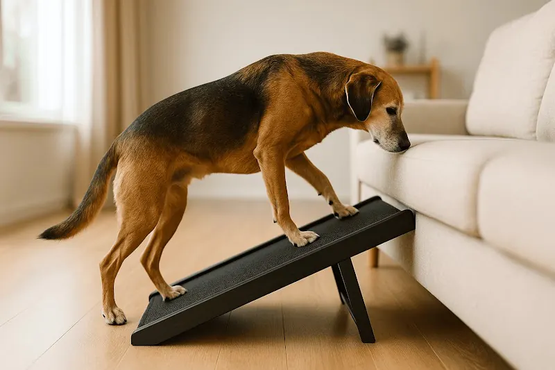 Perro senior subiendo por una rampa antideslizante adaptada para subir al sofá sin forzar articulaciones