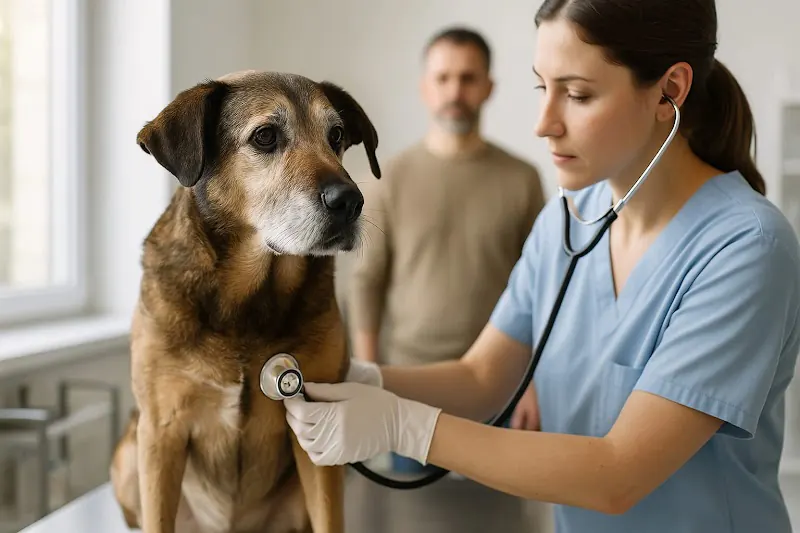 Veterinario realiza auscultación a un perro senior durante su chequeo preventivo semestral