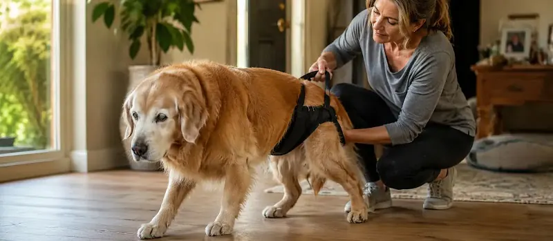 Mujer ayudando a un perro senior con debilidad en las patas traseras a caminar dentro de casa usando un arnés de soporte de movilidad