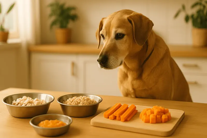 Perro mestizo senior junto a ingredientes frescos para comida casera