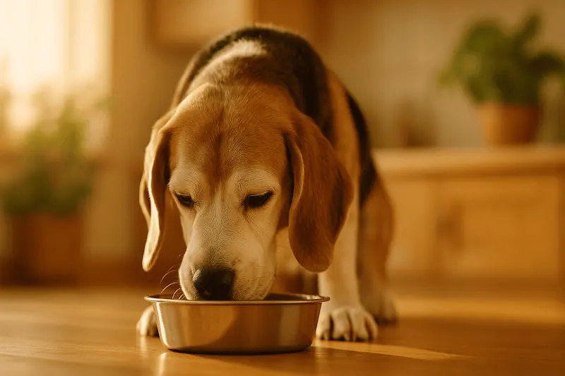 Beagle senior comiendo de su plato con luz cálida