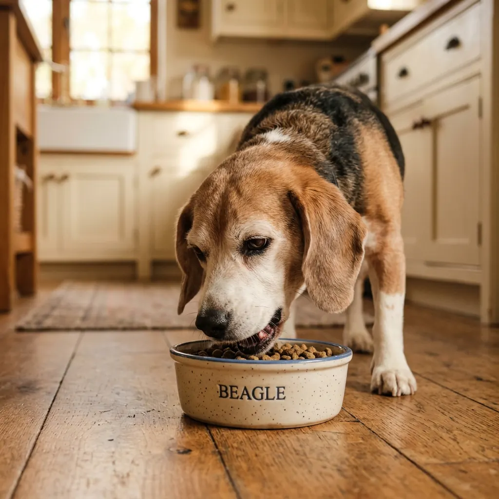 Beagle senior comiendo de su plato con luz cálida