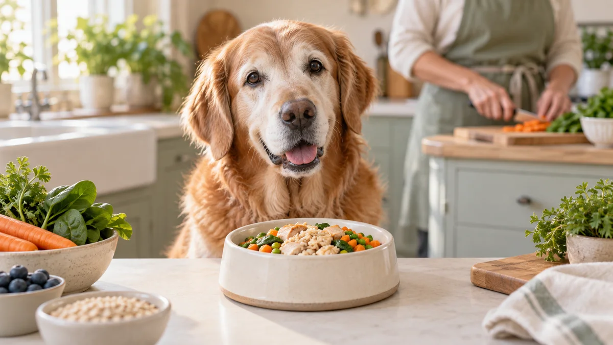 Cuidadora prepara una comida casera equilibrada para un perro senior en una cocina luminosa