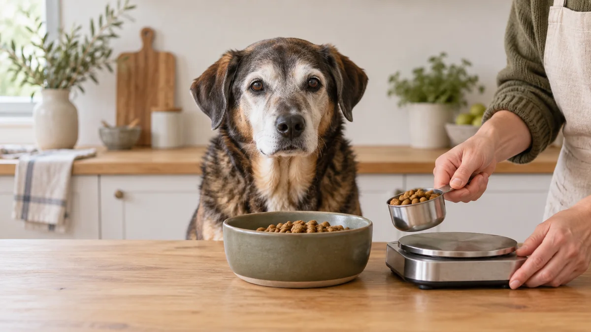 Perro senior centrado junto a una báscula de cocina y una ración medida en un cuenco