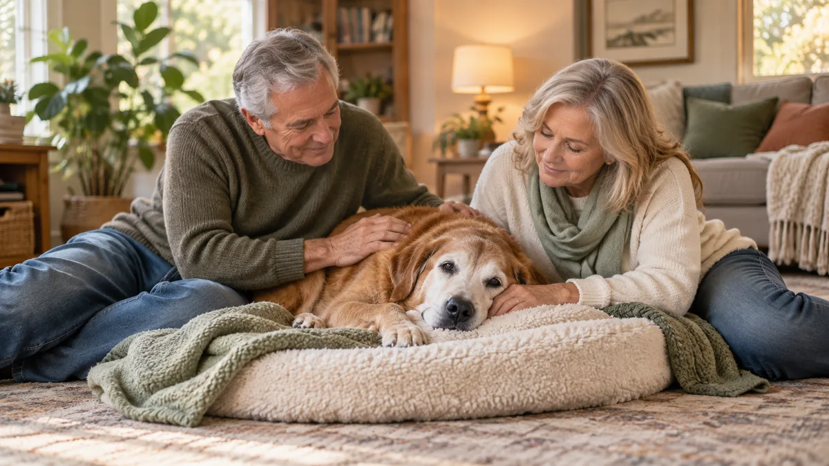 Familia acompañando a un perro senior centrado en un momento de calma