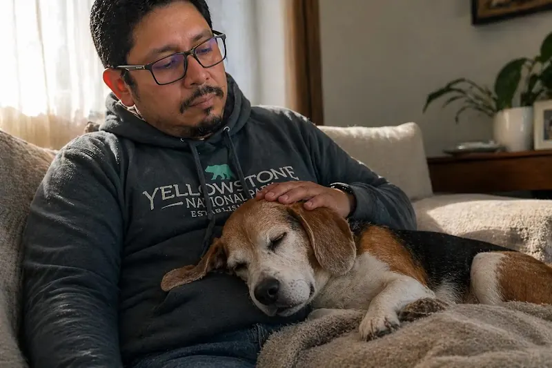 Perro Beagle anciano descansando junto a su dueño en casa, representando cuidados paliativos y acompañamiento al final de la vida