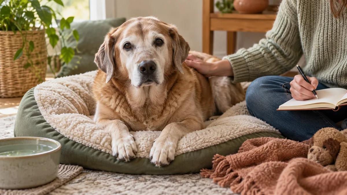 Perro senior centrado junto a su cuidadora y un registro de bienestar