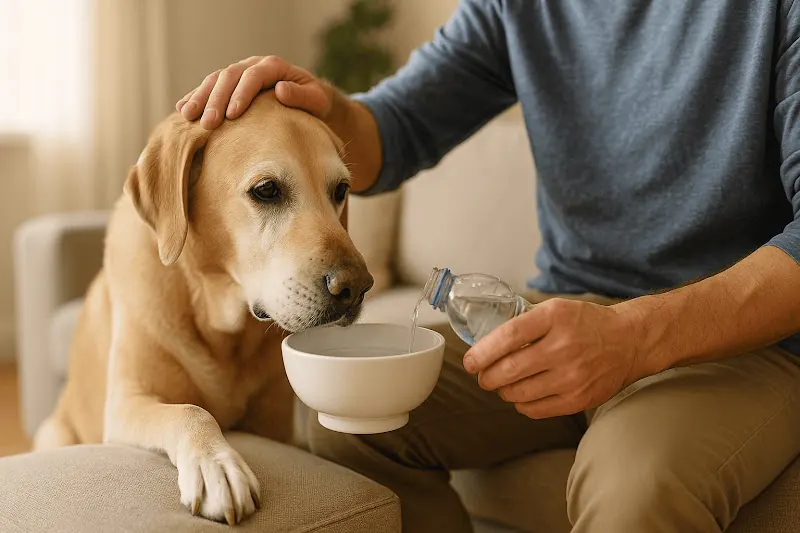 Labrador senior hidratado por su tutor en casa.