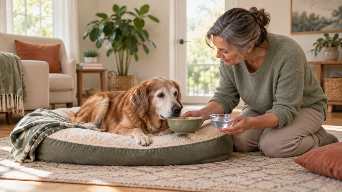 Perro senior centrado recibiendo agua junto a su cuidadora en una cama cómoda
