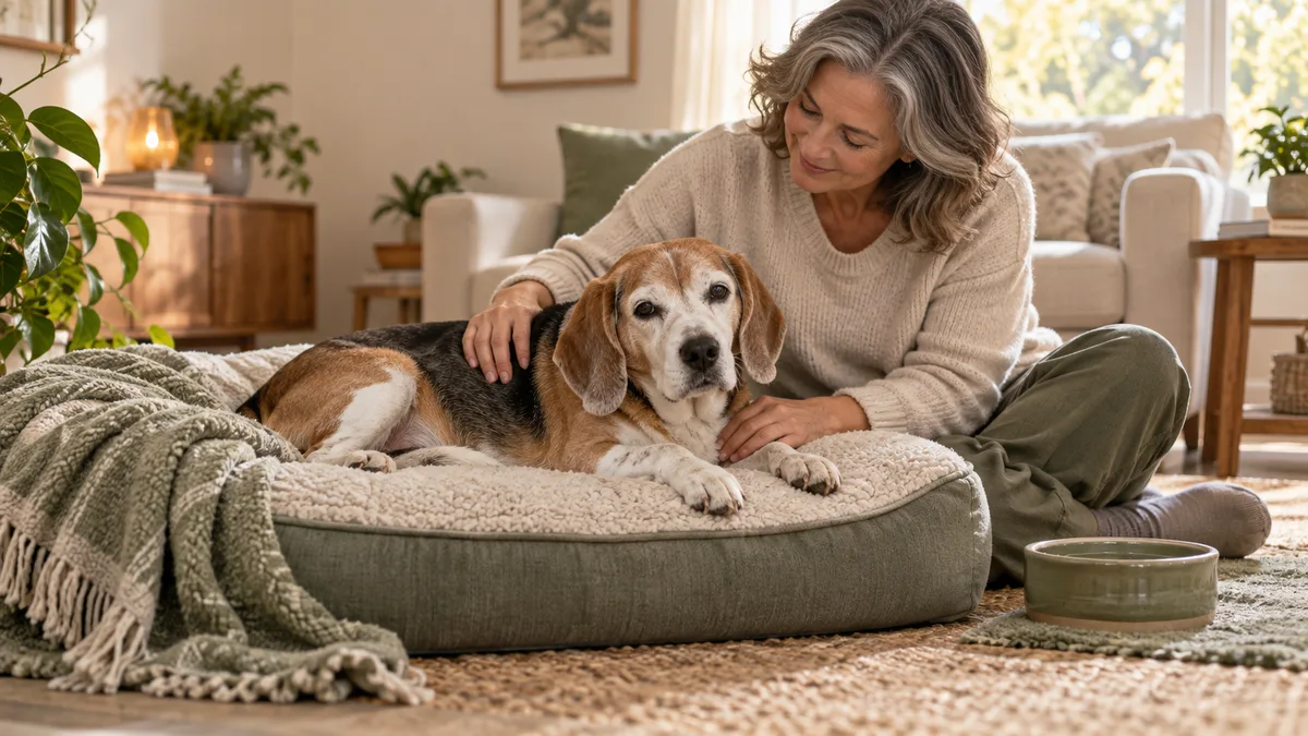 Perro Beagle senior centrado junto a su cuidadora en una cama cómoda