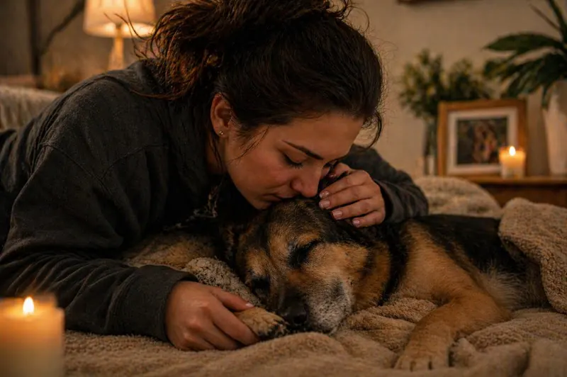 Mujer acompañando a su perro anciano en sus últimos momentos en casa, en un entorno tranquilo durante un proceso de eutanasia compasiva