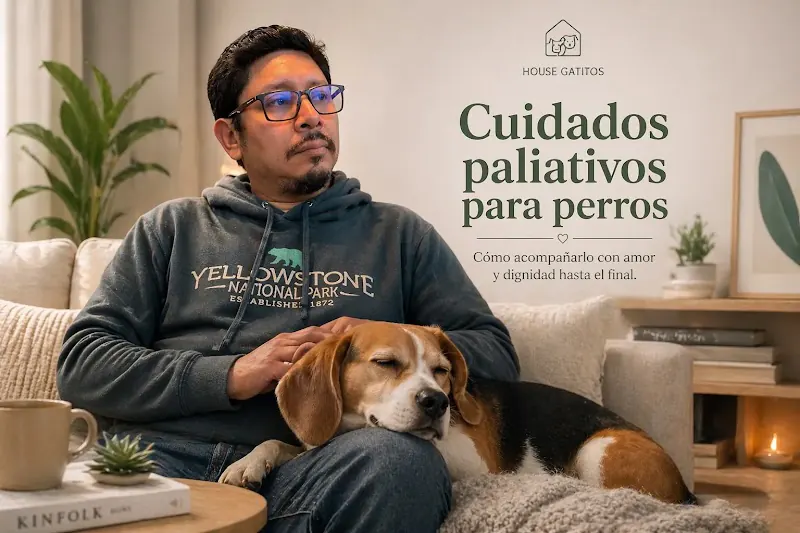 Hombre acompañando a su perro Beagle senior durante cuidados paliativos
