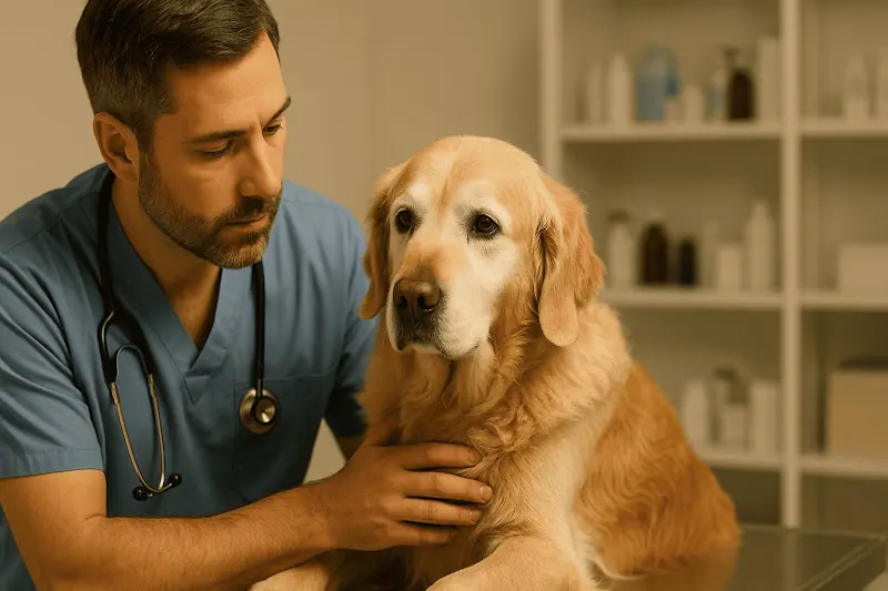 Veterinario revisa a un golden retriever mayor.