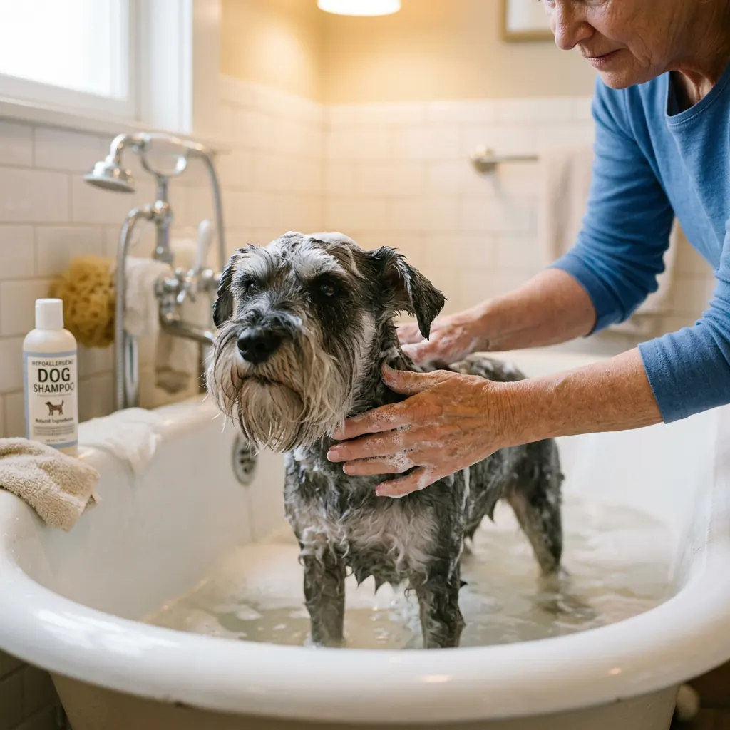 Baño suave de schnauzer senior con champú hipoalergénico.