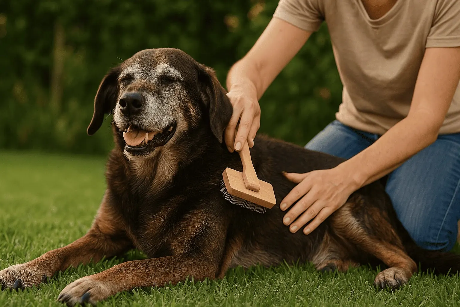 Tutor cepilla a un perro mestizo senior para reducir caída de pelo.