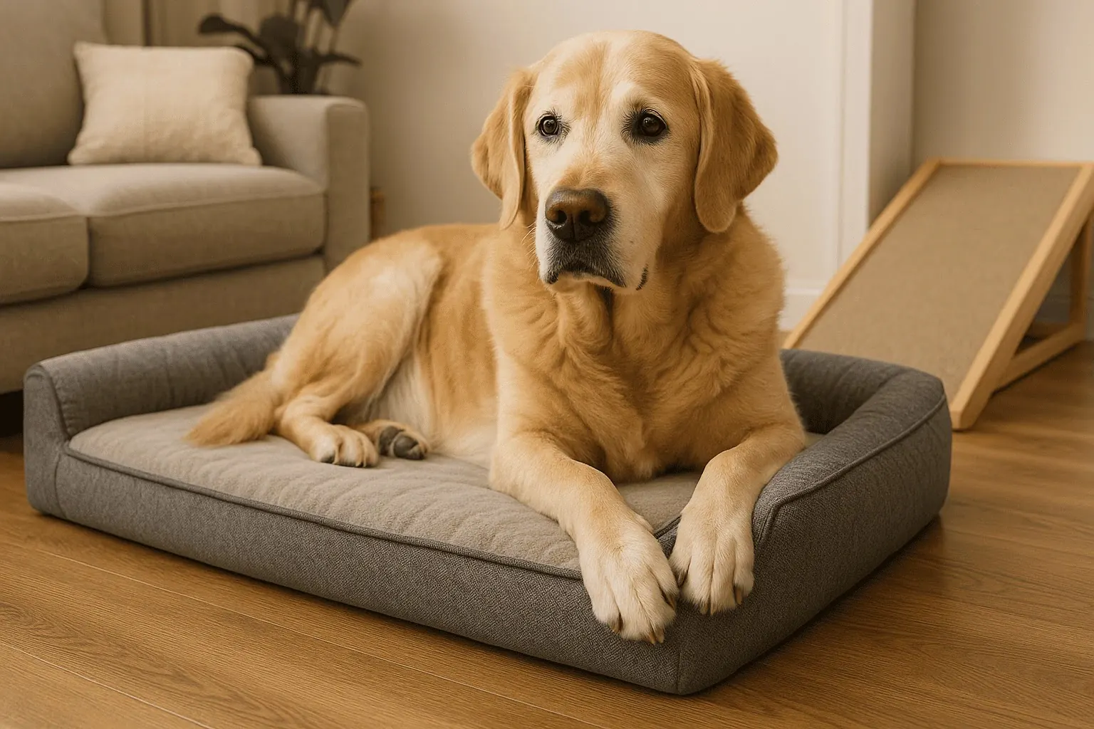 Labrador senior descansando en cama ortopédica en un hogar adaptado