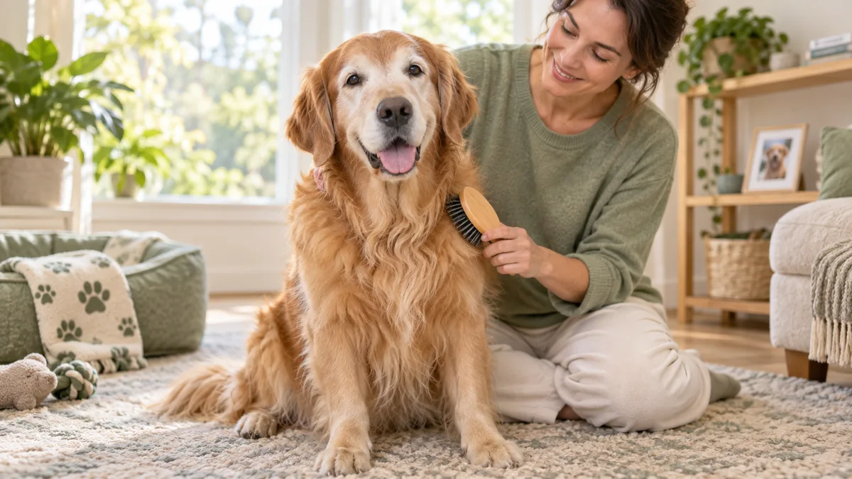 Perro golden senior centrado mientras su cuidadora cepilla su pelaje