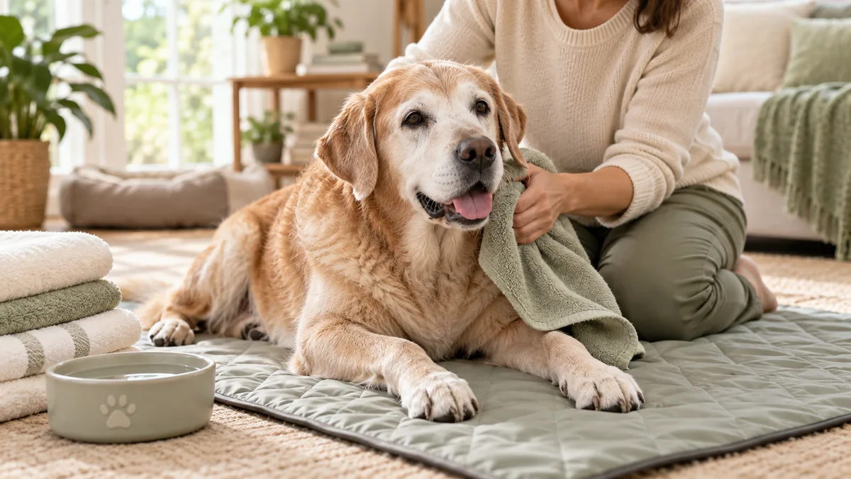 Perro senior centrado y seco sobre una cubierta lavable mientras su cuidadora lo seca
