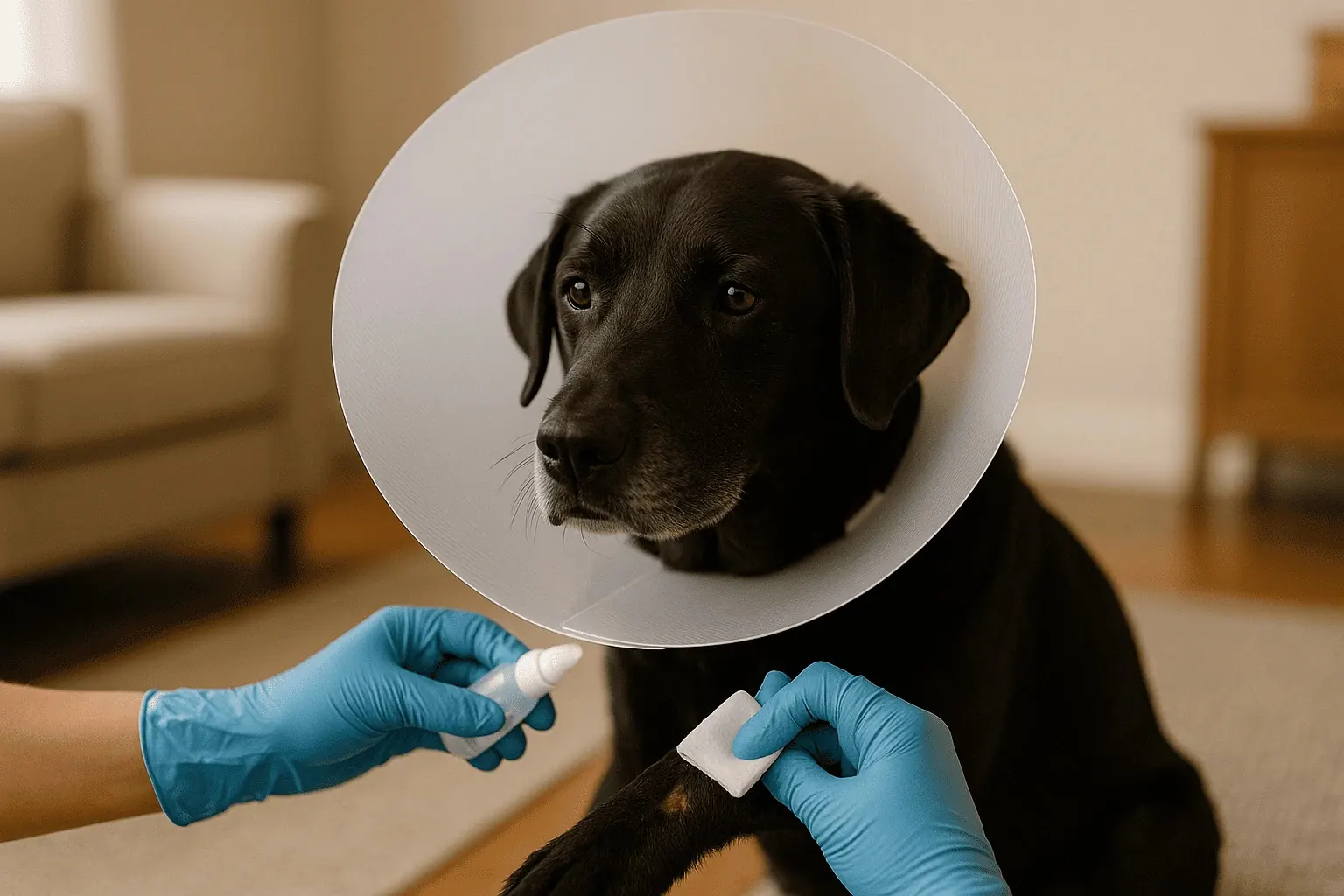 Limpieza de una herida superficial en perro senior con collar isabelino.