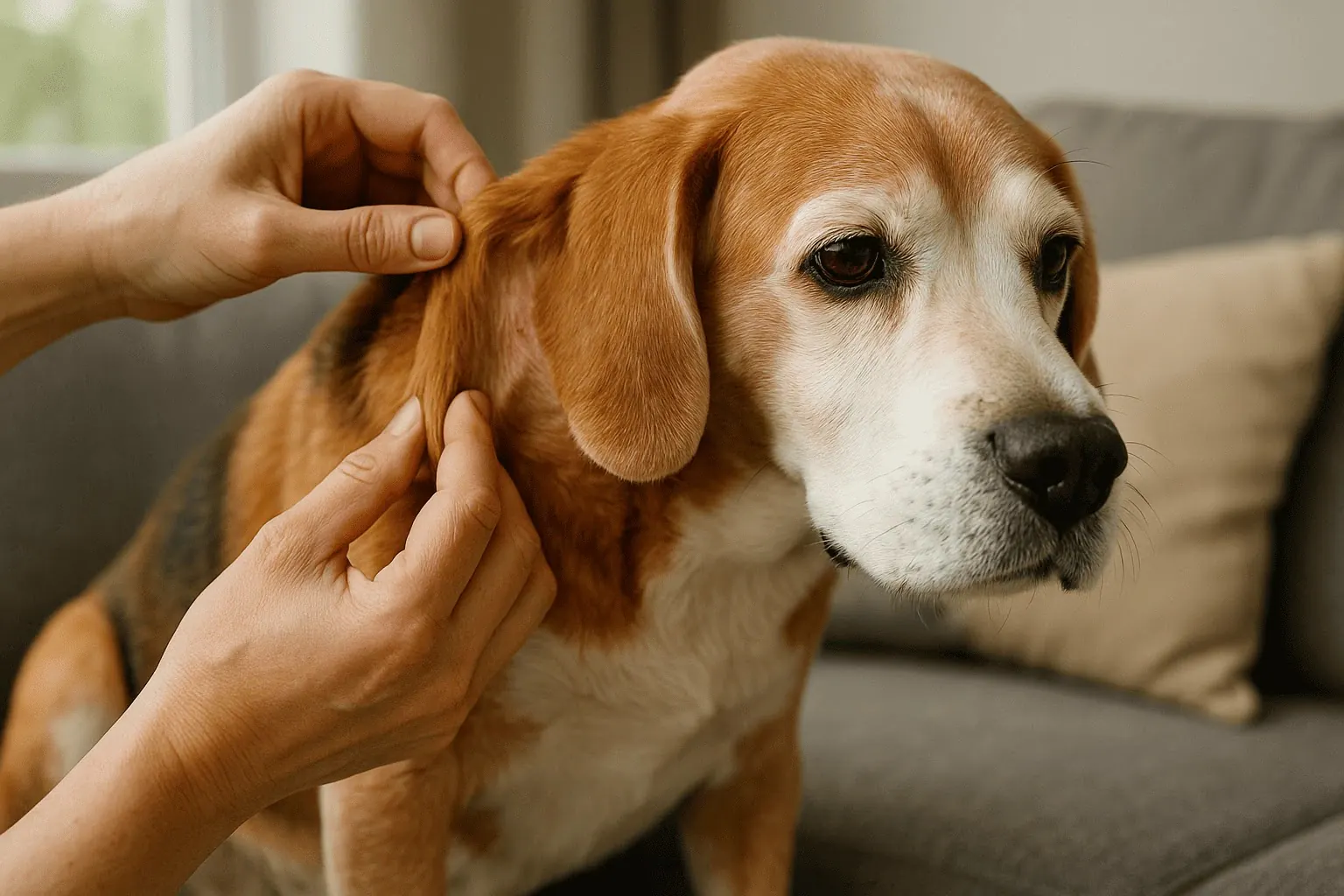 Veterinario revisa un bulto cutáneo en un beagle senior
