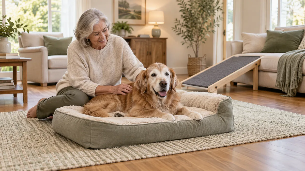 Perro senior centrado en una cama junto a una rampa y una superficie con agarre