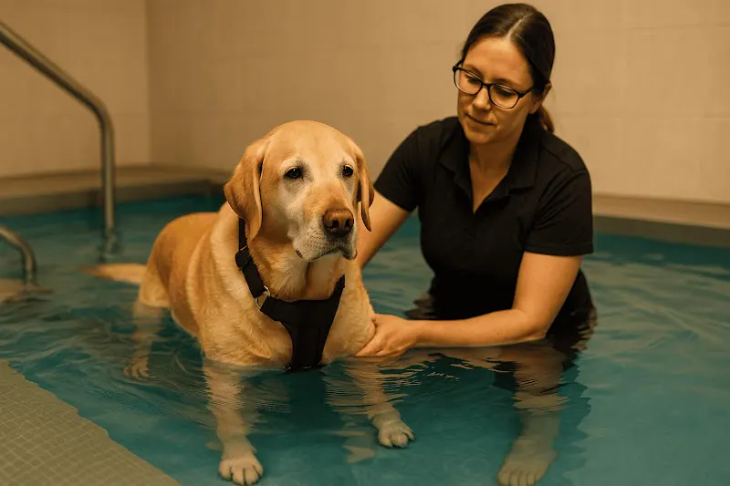 Labrador senior realiza fisioterapia acuática asistida en piscina