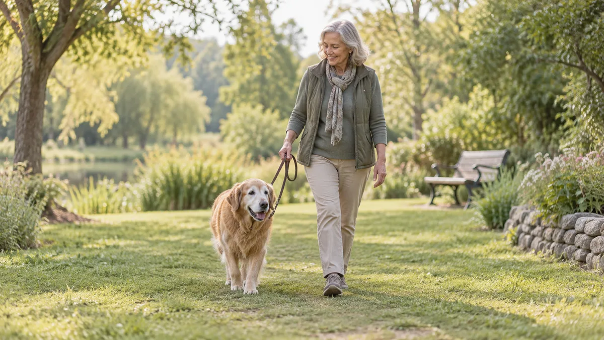 Perro senior centrado caminando despacio con su cuidadora por un parque tranquilo