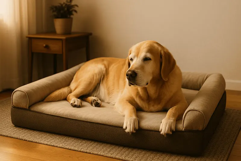 Perro senior descansa plácidamente en cama ortopédica dentro de casa
