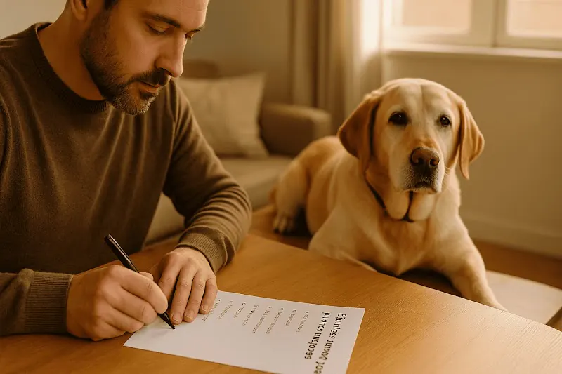 Tutor revisa la guía impresa de ejercicios para perros mayores