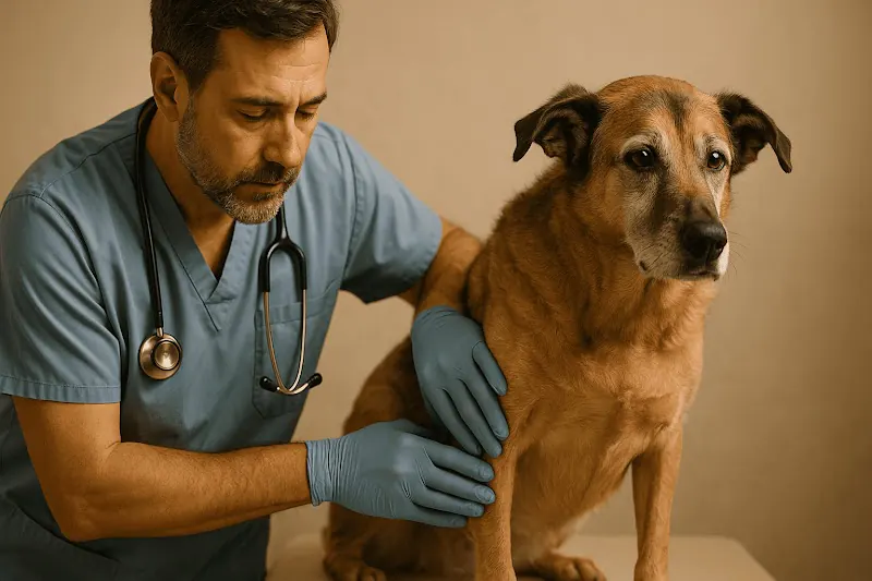 Veterinario revisa la cadera de un perro senior durante un chequeo de movilidad