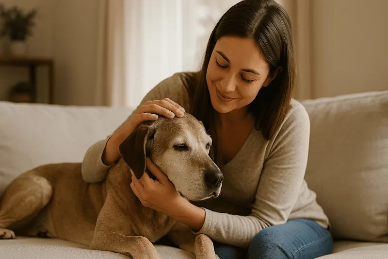 Dueña acariciando a su perro senior en ambiente calmado