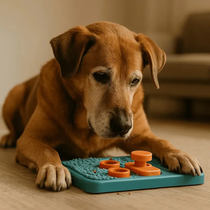 Perro mayor resolviendo un puzzle interactivo con premios escondidos