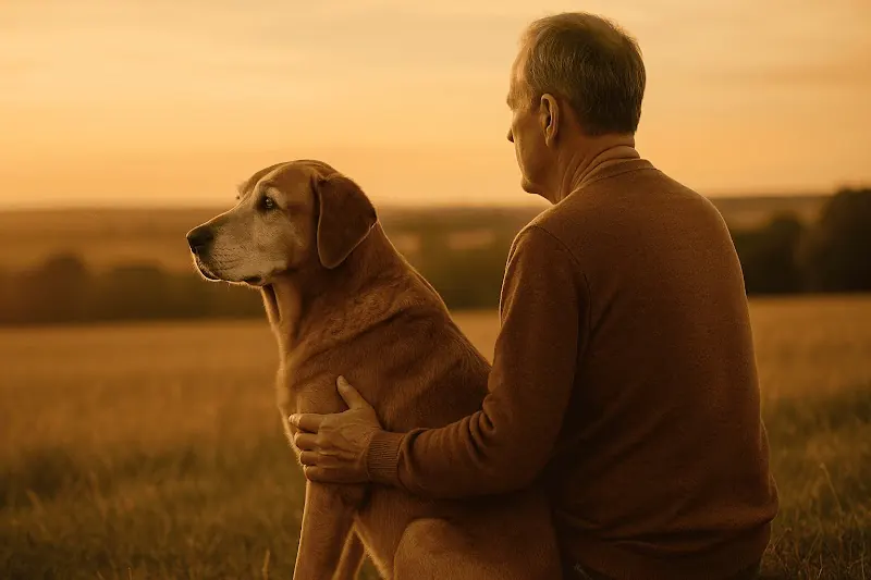 Perro senior junto a su cuidador al atardecer
