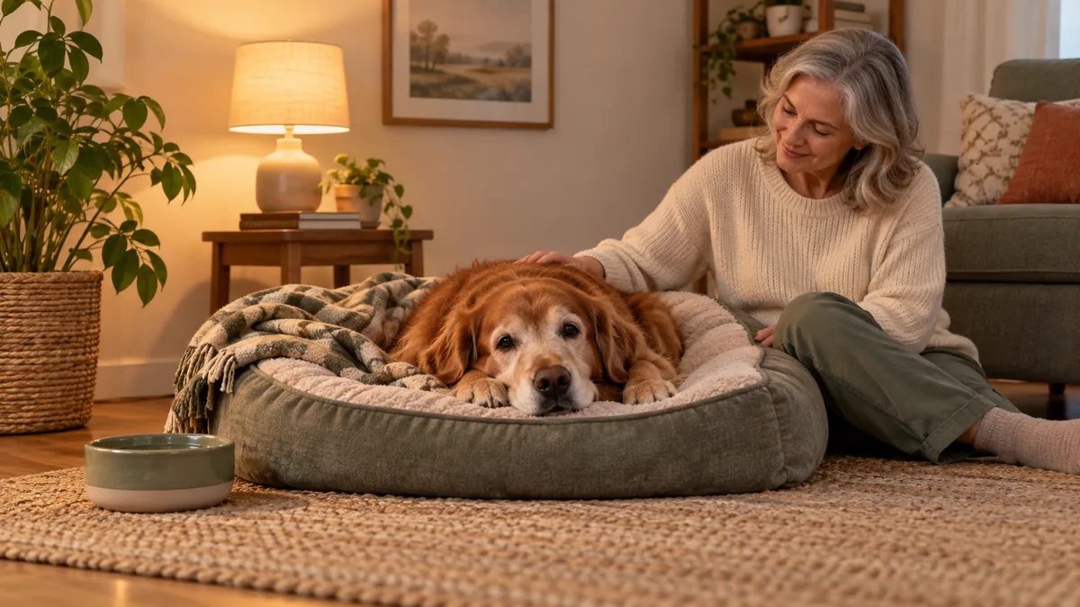 Perro senior centrado descansando en una cama ortopédica junto a su cuidadora y un cuenco de agua