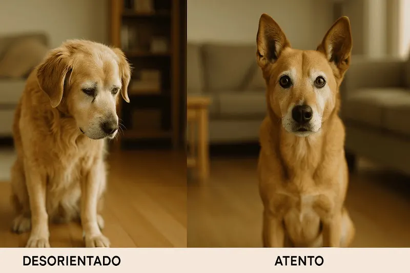Comparación de un perro senior atento y otro desorientado por envejecimiento cognitivo