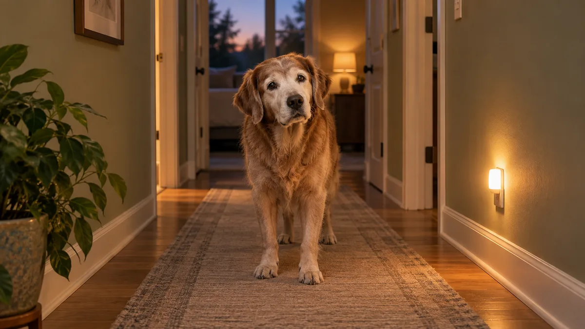 Perro senior centrado en un pasillo iluminado con una luz nocturna, orientándose en casa