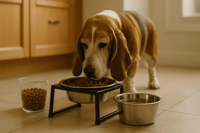Comedero elevado y agua fresca para un perro mayor