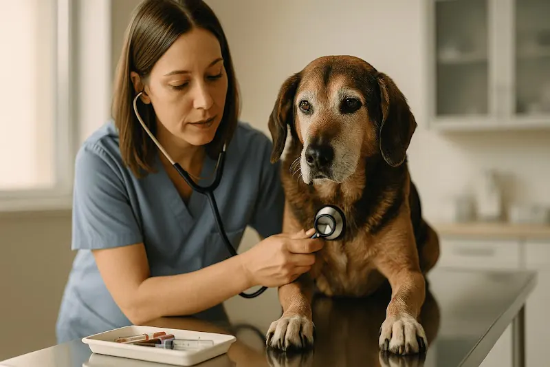Veterinaria realiza examen y prepara analítica a perro senior